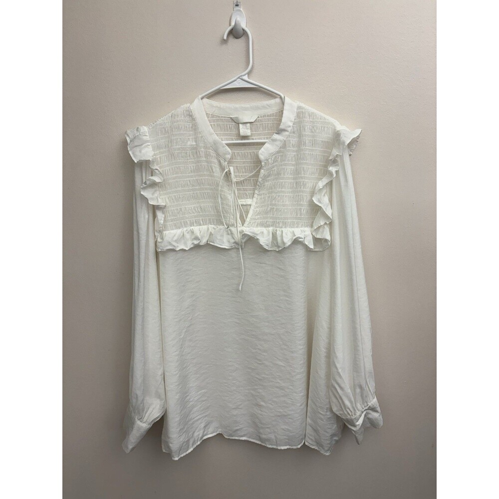 H&M Women’s Blouse Smocked Ruffle Long Sleeve 2XL Sheer White V Neck W/ Tie